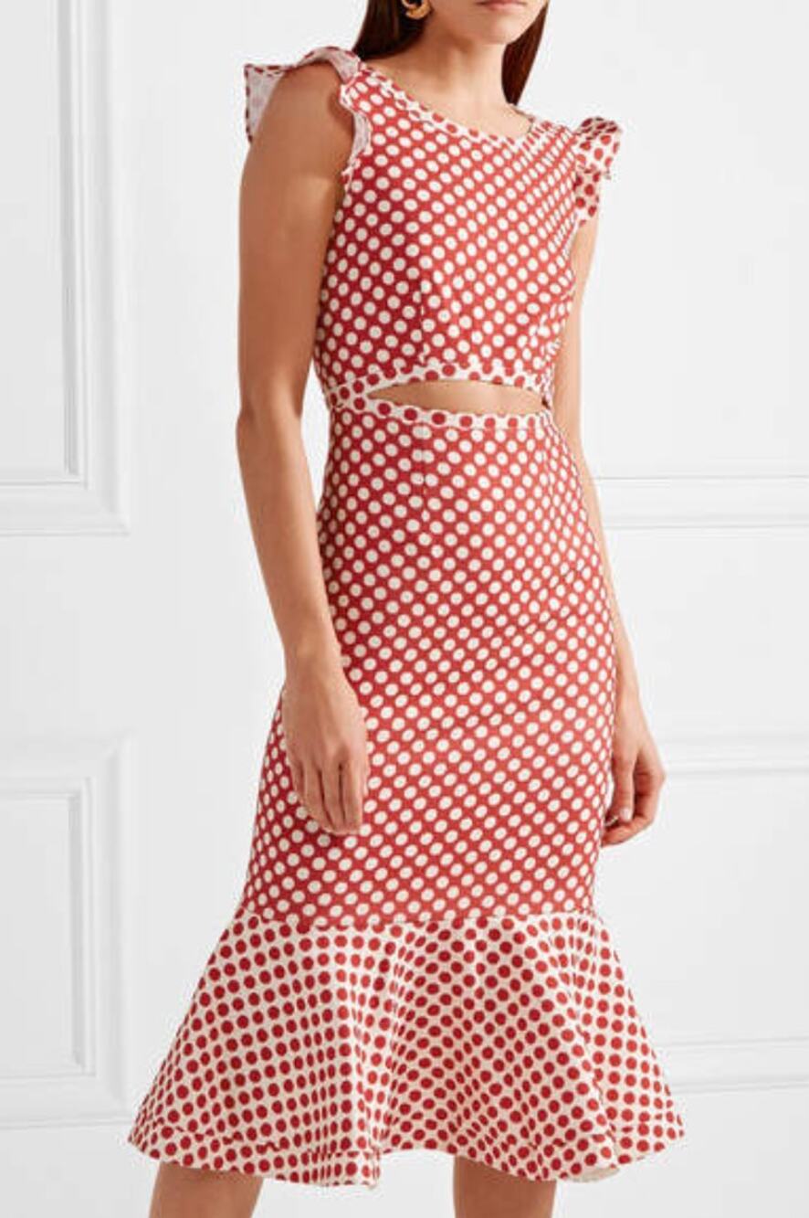 SALONI Womens Red White Polka Dot Flutter Sleeve Gail Cutout Midi Dress Size 4